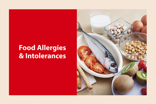 Picture of an assortment of food with the caption " Food Allergies & Intolerances "